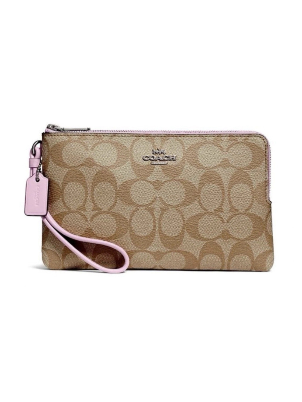 Coach Double Corner Zip Signature Khaki Pink Wristlet Wallet Logo Stagecoach